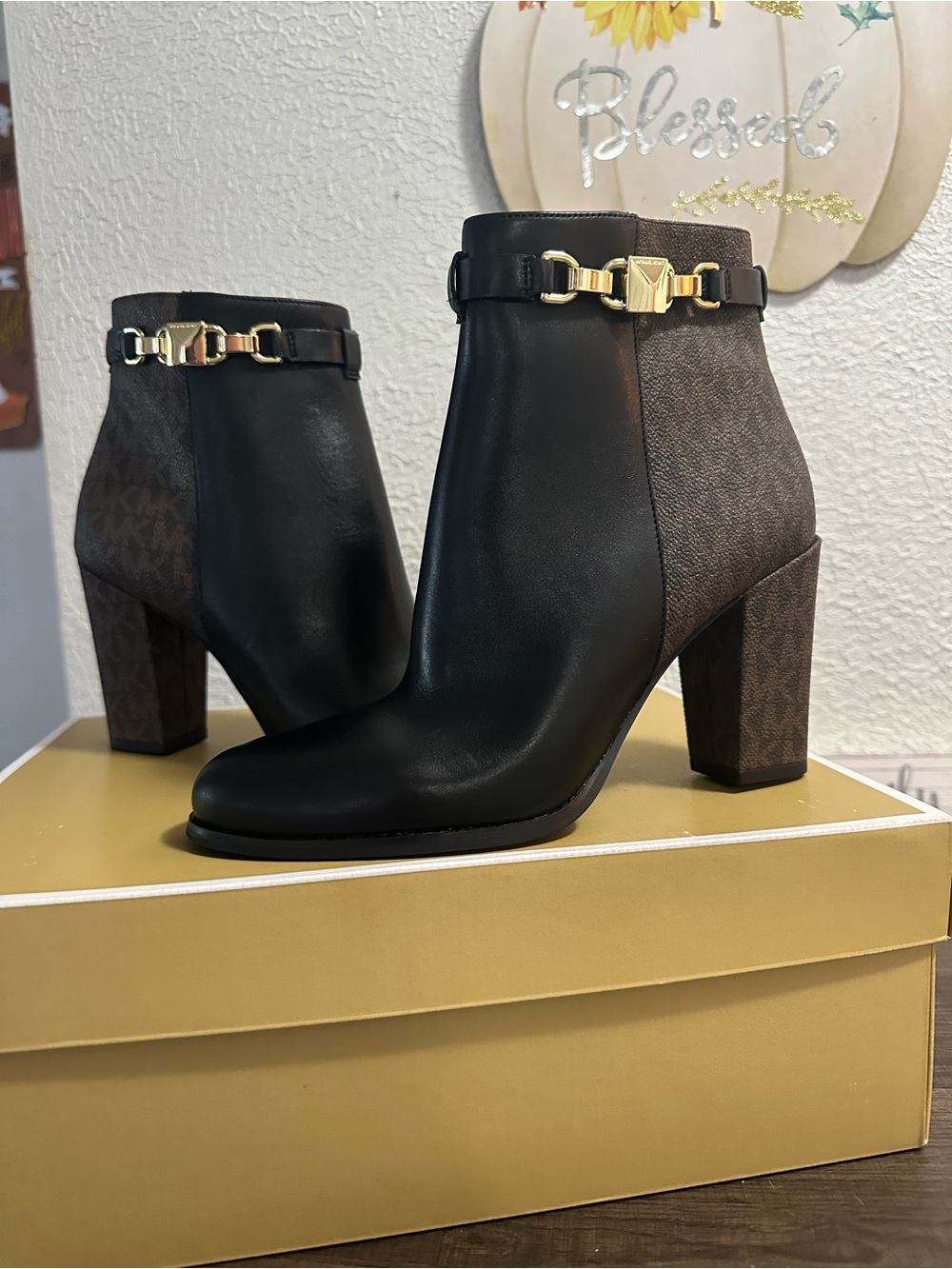 Michael Kors Eldridge Bootie Black Leather & Brown Logo with Gold Accents